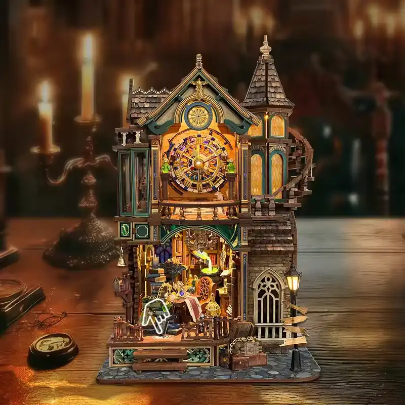Wooden Magic Clock Tower Cottage Miniature Model Kits With Furniture Lights Dollhouse for Friends Birthday Gifts