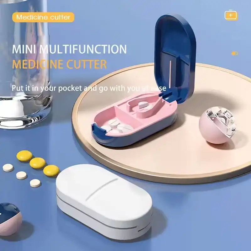 Pill Cutter With Invisible Storage Box Portable 2 In 1 Mini Drug Tablet Medicine Dustproof Divider Organizer